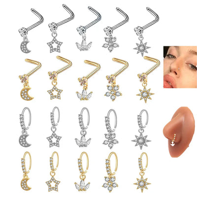 Surgical Steel L Pin 20G Gem Dangle Nose Rings for Women heart dangle Nose Piering Jewelry Body Jewelry Copper Nose Ring