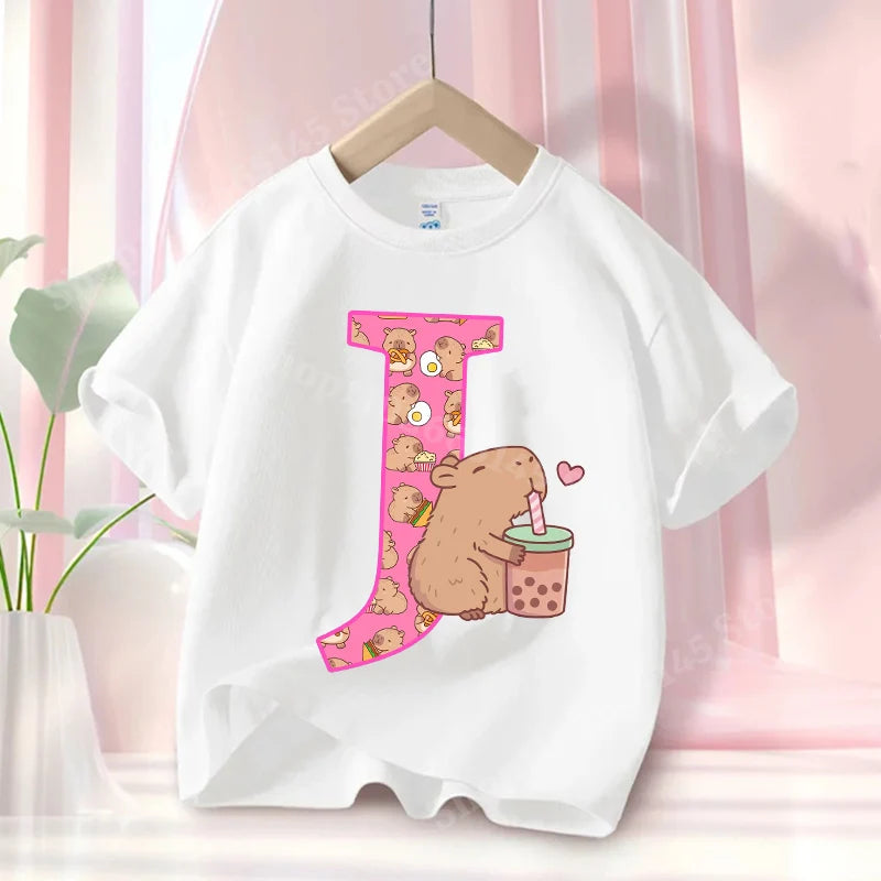 Summer Capibara Anime Letter A-Z Cute Printed Children's T-shirt Girls Short Sleeve Cotton Fashion Tops Kids Clothes Casual Tees