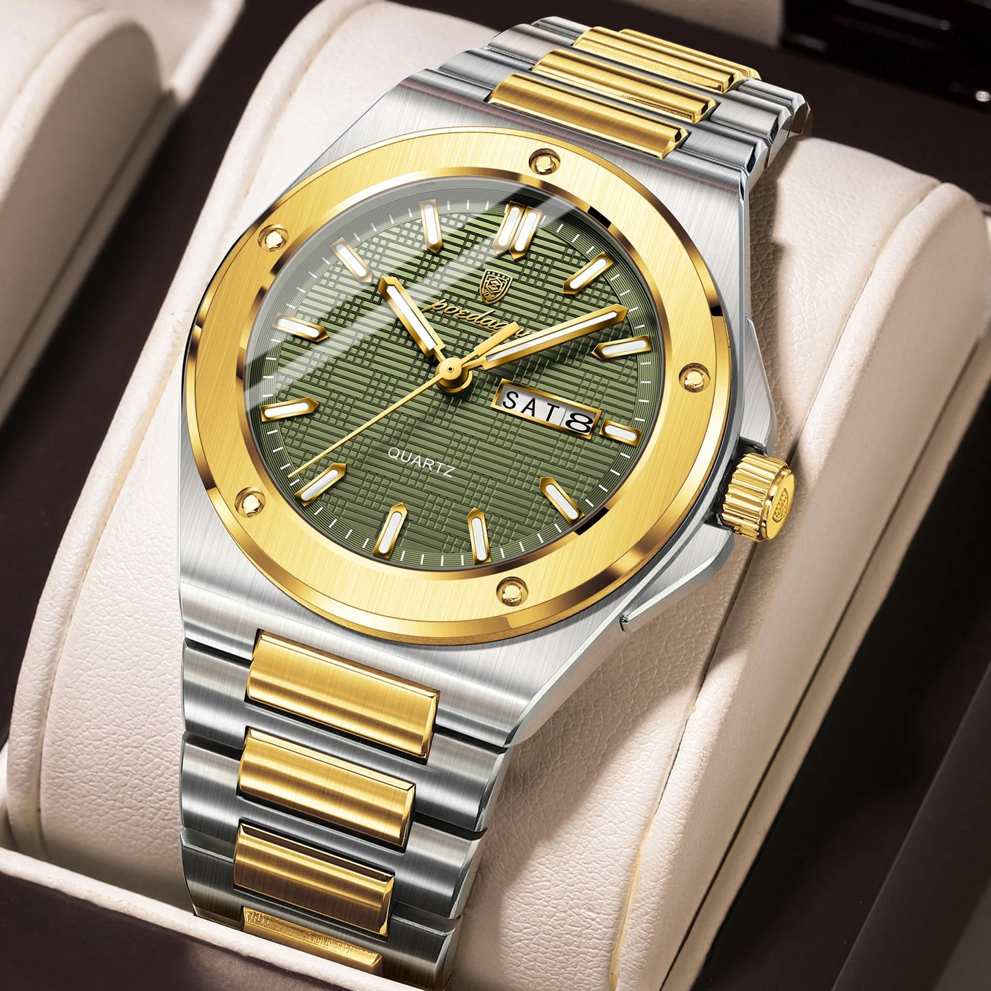 POEDAGAR High Quality Men Clock Date Week Waterproof Fashion Watch For Man Stainless Steel Luxury Men's Quartz Watches Reloj+Box