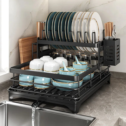 Stainless Steel Dish Drying Rack Adjustable Kitchen Plates Organizer with Drainboard Over Sink Plate Drainer Storage Organizer