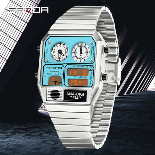 SANDA New 3192 Men's Square Men's Electronic Watch Waterproof LED Thermometer Stopwatch For Men's Electronic Watch