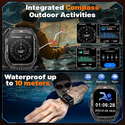 New Smart Watch Men 2.01"HD Screen 3ATM Waterproof Flashlight Health Monitor 1100mAh Battery Sport Bluetooth Call Smartwatch
