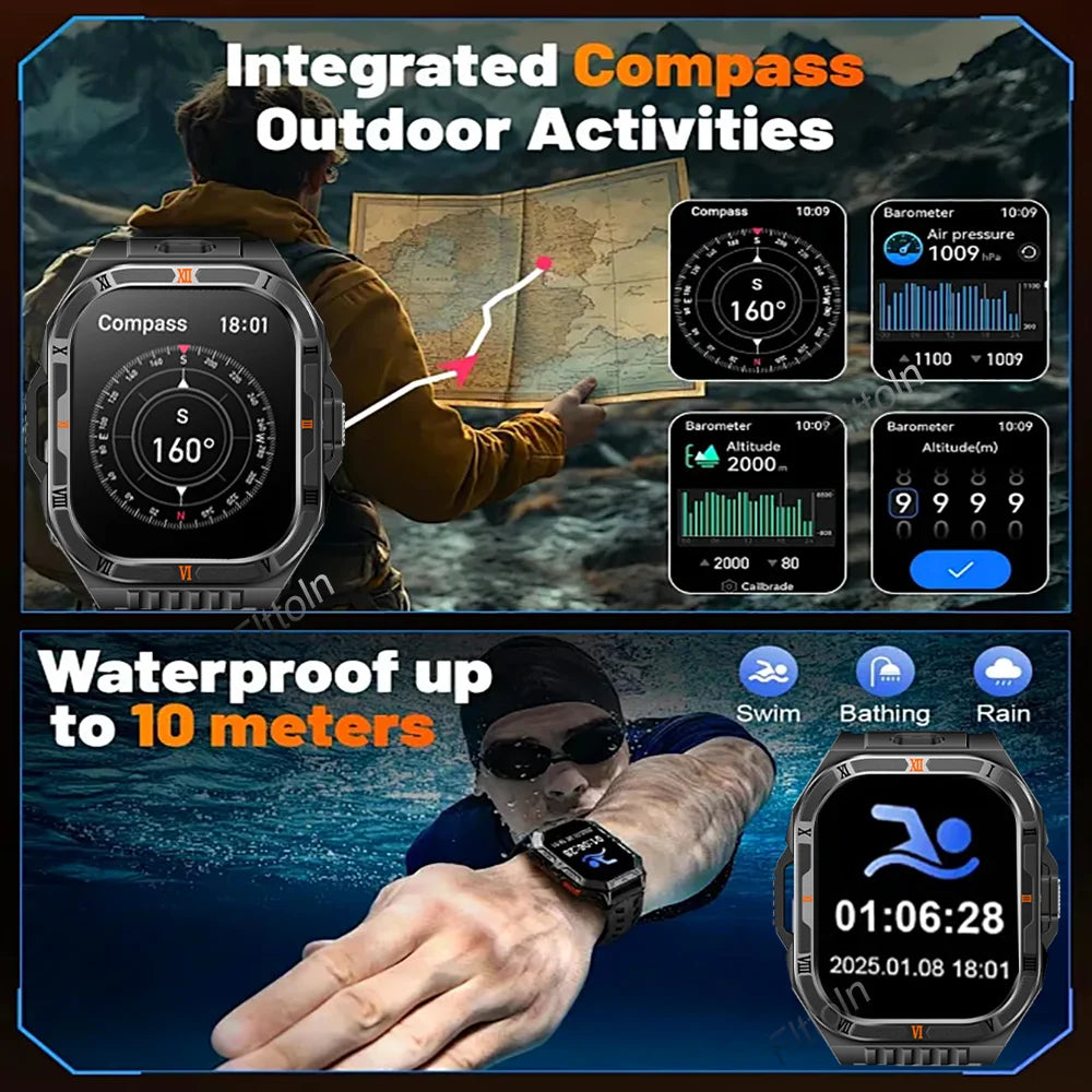 New Smart Watch Men 2.01"HD Screen 3ATM Waterproof Flashlight Health Monitor 1100mAh Battery Sport Bluetooth Call Smartwatch