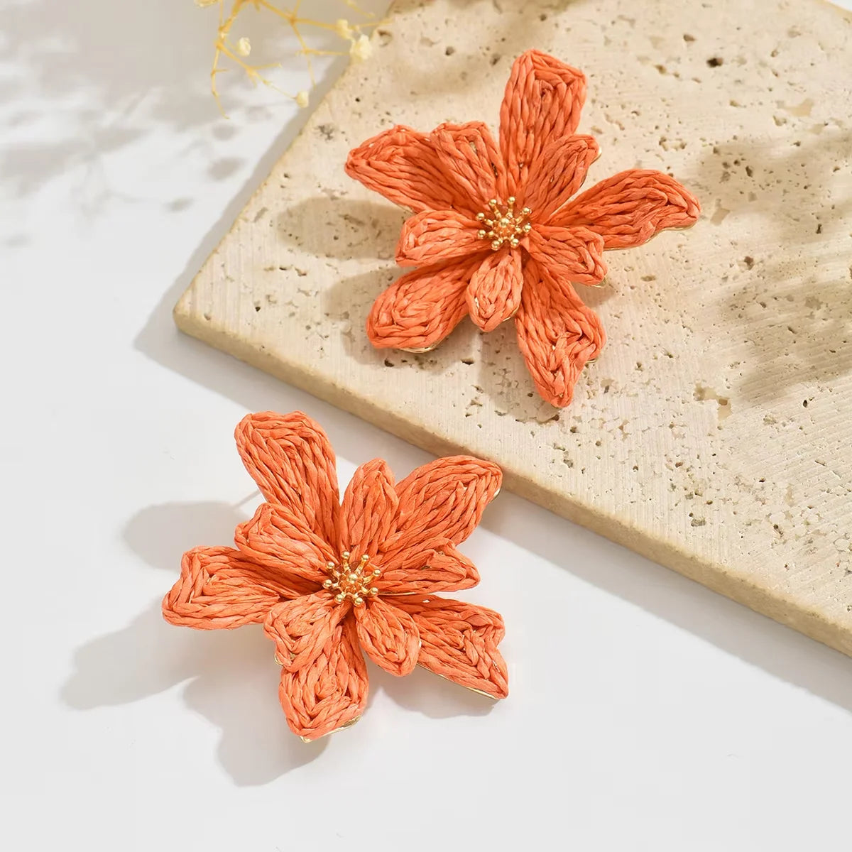 Boho Handmade Delicate Raffia Flower Earrings for Women Trendy Irregular Floral Summer Beach Jewelry Gift