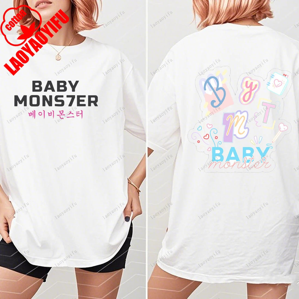 BABYMONSTER Kpop Band T-shirt Korean Fashion Summer Double Sided Tee Short Sleeve Cotton Comfortable Tshirts Women/Men Clothes