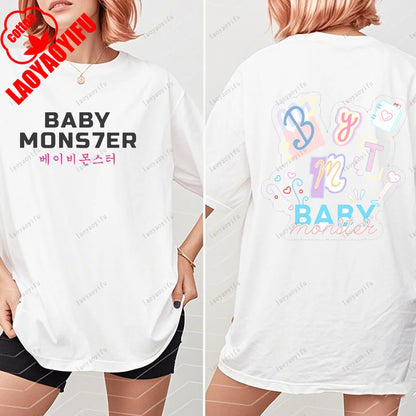 BABYMONSTER Kpop Band T-shirt Korean Fashion Summer Double Sided Tee Short Sleeve Cotton Comfortable Tshirts Women/Men Clothes