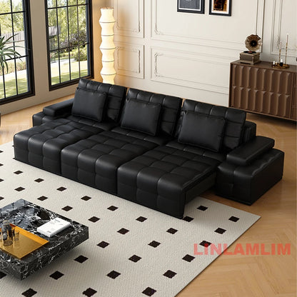 Linlamlim Modern Convertible Couch with Tufted Backrest and Armrest – Genuine Leather Sectional Sofa Bed,Functional Sleeper Sofa