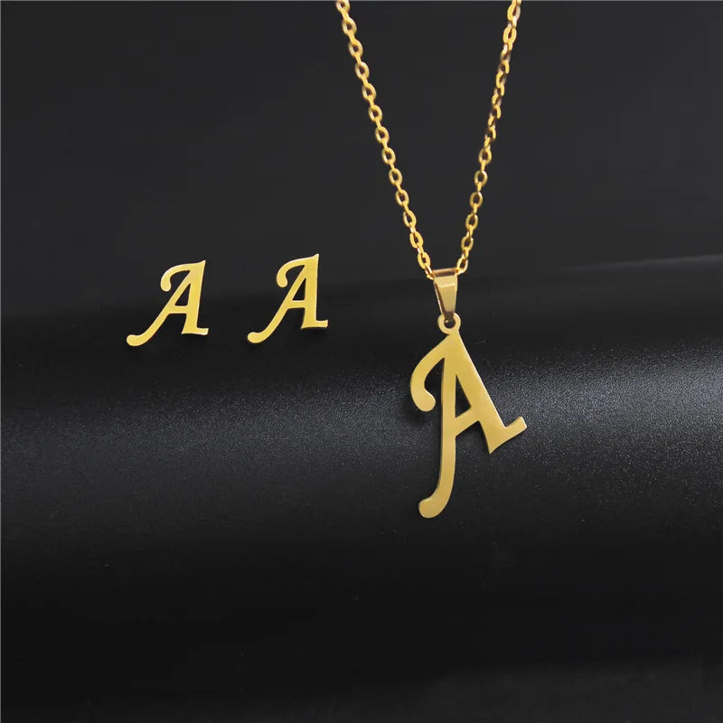 A-Z 26 Stainless Steel Initial Necklace and Earring Jewelry Set Letter Pendant Chain Alphabet Mom Christmas Gift