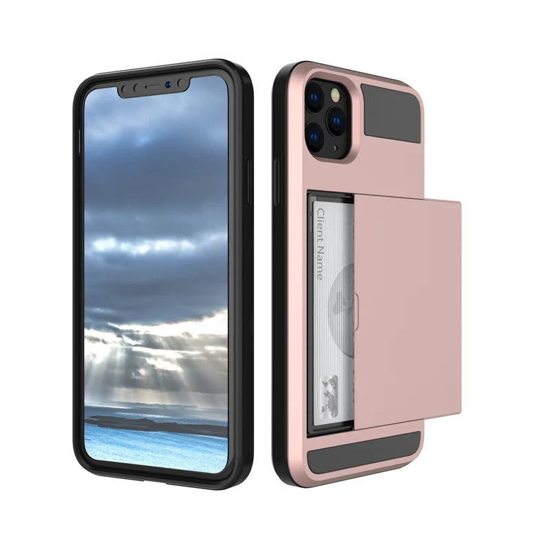 Slide Wallet Credit Card Slot PC Phone Case For iPhone 13 12 Mini 11 14 15 Pro Max XS XR 7 8 Plus SE TPU Armor Shockproof Cover