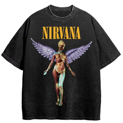 Nirvana rock band men's Retro cotton Washed Tee In Utero album man Women's oversized Y2K distress Tshirt Casual Loose streetwear
