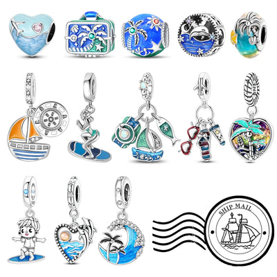 Leisurely 925 Sterling Silver Beach Trip Hawaiian Bikini Surf Coconut Tree Charm Fit DIY Bracelet Necklace Travel Souvenirs