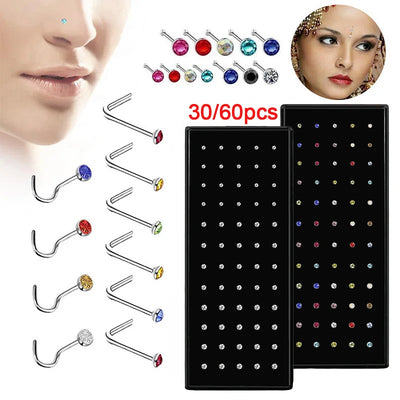 L Shape Stainless Steel Crystal Nose Ring Set Women Surgical Steel Nose Piercing Set ear bone needle Studs Body Jewelry