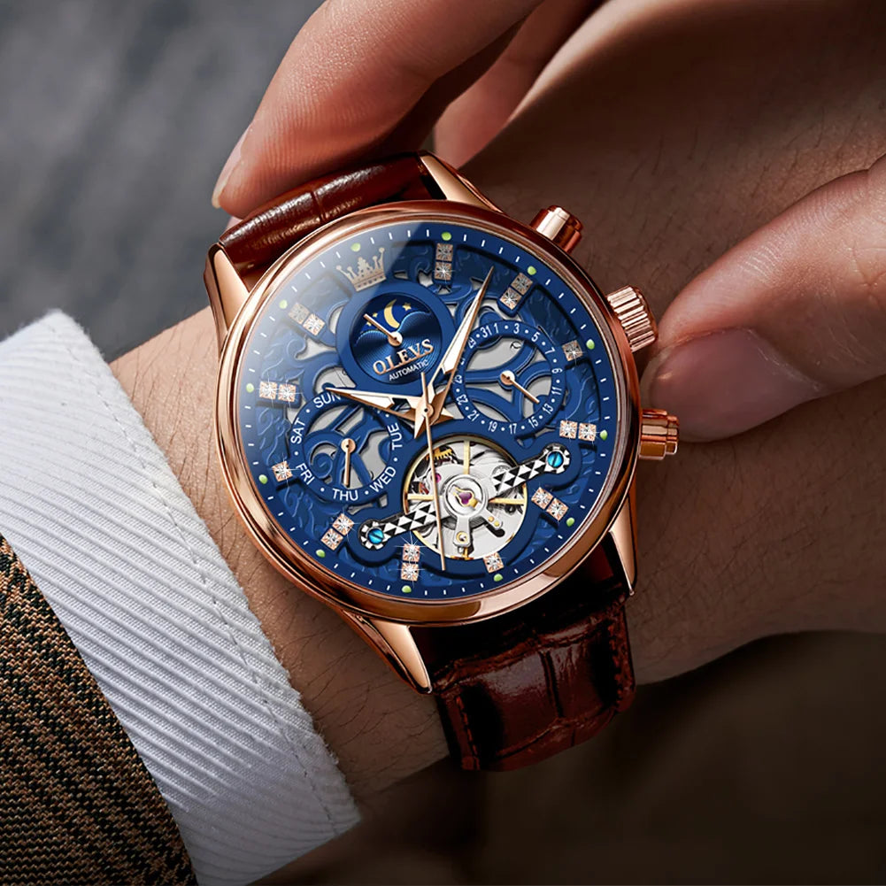 OLEVS 6658 Fashion Men's Watches Hollow Flywheel Automatic Mechanical Wristwatch Leather Strap Waterproof Luminous Moon Phase