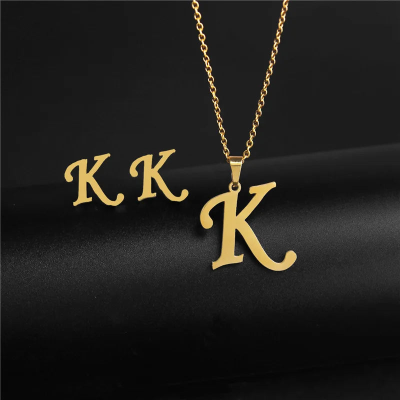 A-Z 26 Stainless Steel Initial Necklace and Earring Jewelry Set Letter Pendant Chain Alphabet Mom Christmas Gift