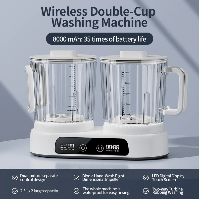 Portable Wireless Dual-Cup Washing Machine U10 8000mAh Rechargeable 2.5L×2 IPX4 Waterproof Mini Laundry Washer