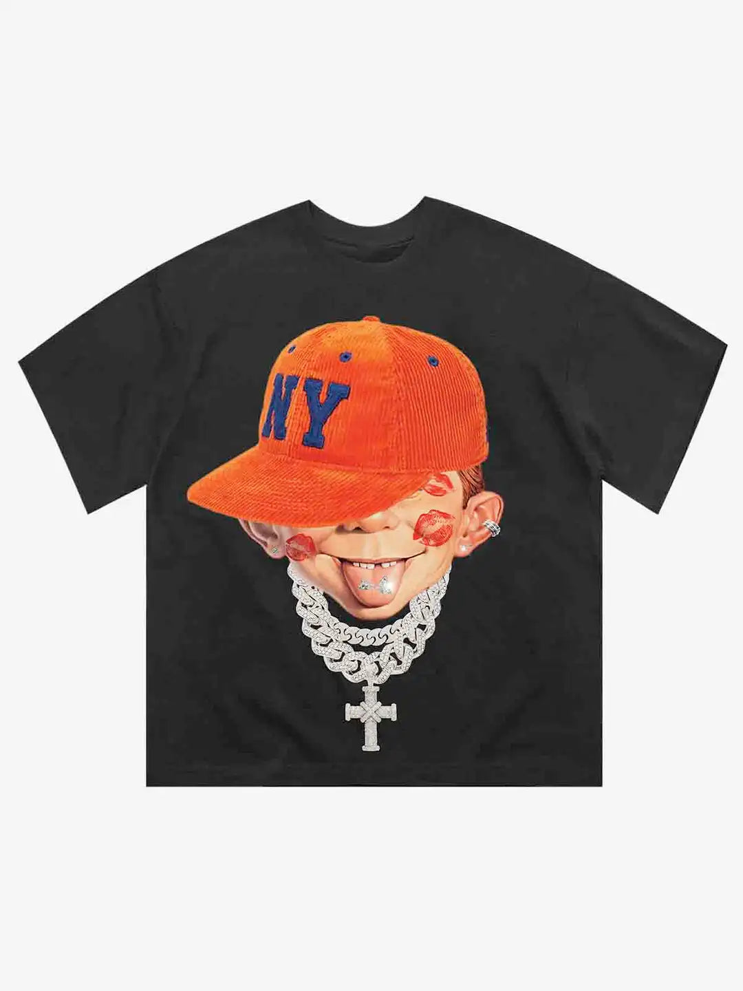 Personality Hip Hop Funny Face Pattern Printed T-Shirt Cotton Short Sleeved T-shirt Men Women Casual Streetwear Round Neck Tops