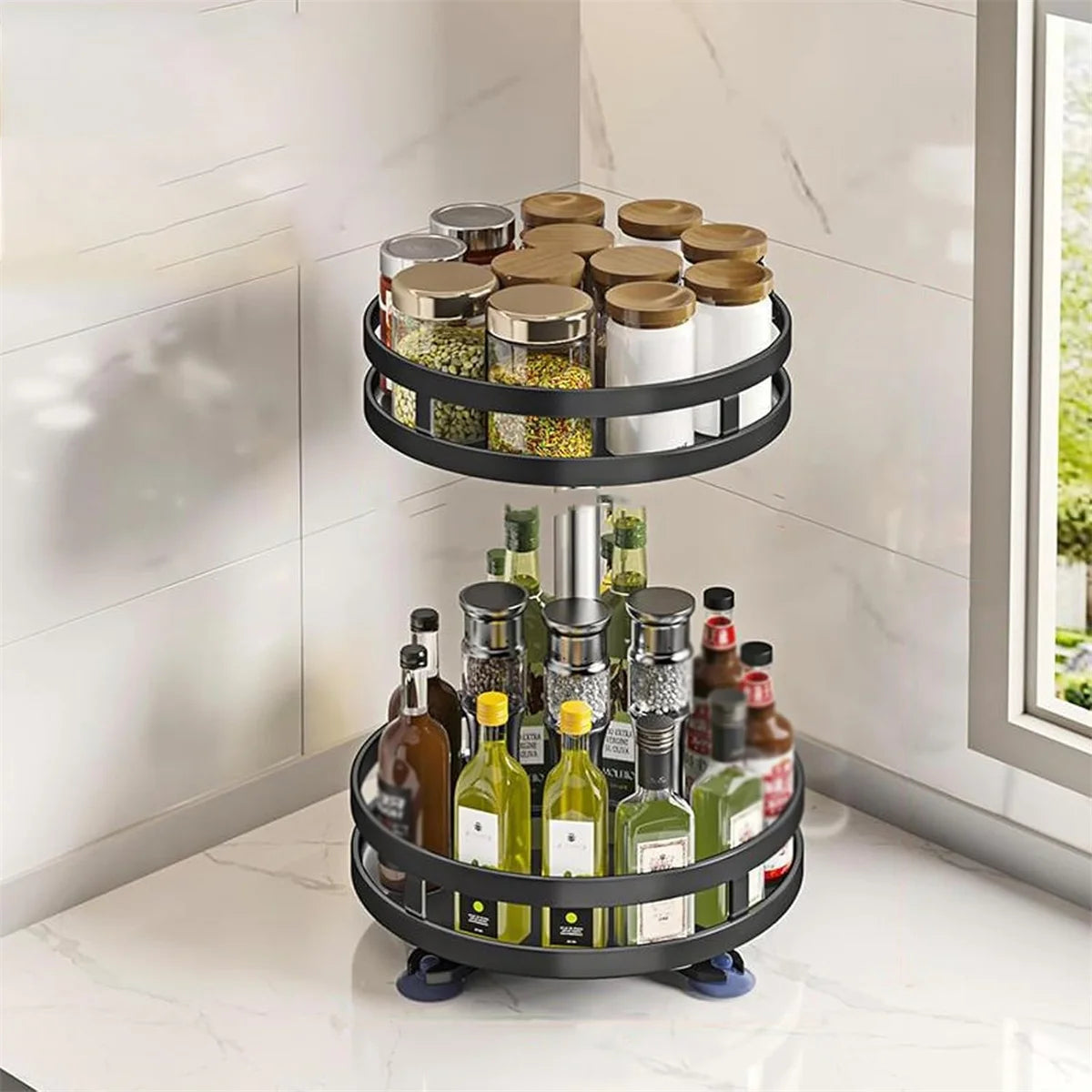 360° Rotation Carbon Steel Spice Rack Organizer Non-Skid Kitchen Storage Tray for Seasonings And Cans - Efficient Spice