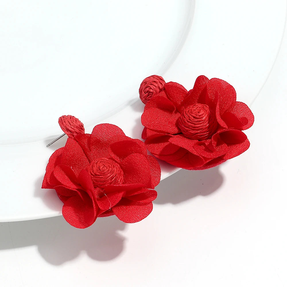 Summer Colorful Lafite Chiffon Flower Earrings for Women Boho Handwoven 3D Flower Fabric Drop Earring Beach Party Jewelry Gifts