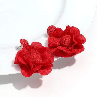 Summer Colorful Lafite Chiffon Flower Earrings for Women Boho Handwoven 3D Flower Fabric Drop Earring Beach Party Jewelry Gifts