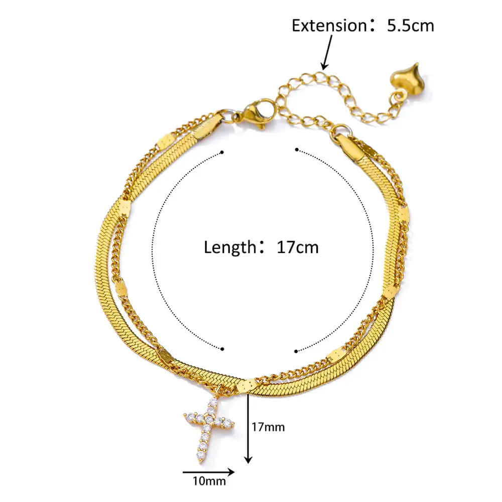 Zircon Cross Anklets For Women Gold Color Stainless Steel Cross Anklet Double Chain Summer Beach Party Jewelry Gift Accessories