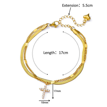 Zircon Cross Anklets For Women Gold Color Stainless Steel Cross Anklet Double Chain Summer Beach Party Jewelry Gift Accessories