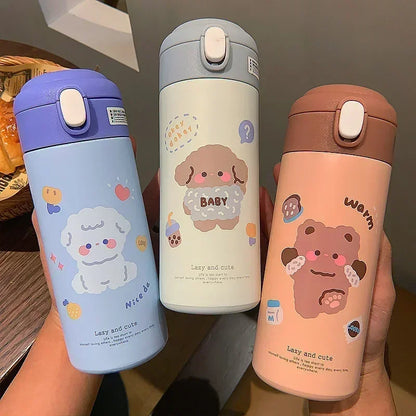 380ML Stainless Steel Thermos Vacuum Flask Cute Cartoon Thermal Water Bottle for Girls Insulated Straw Cups Tumbler Drinkware