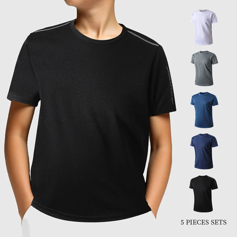 5/1 Piece Summer Boys And Teenagers Quick Drying Sports Short Sleeved T-shirt 130-175 Big Size Brother's Loose Casual Basic Top