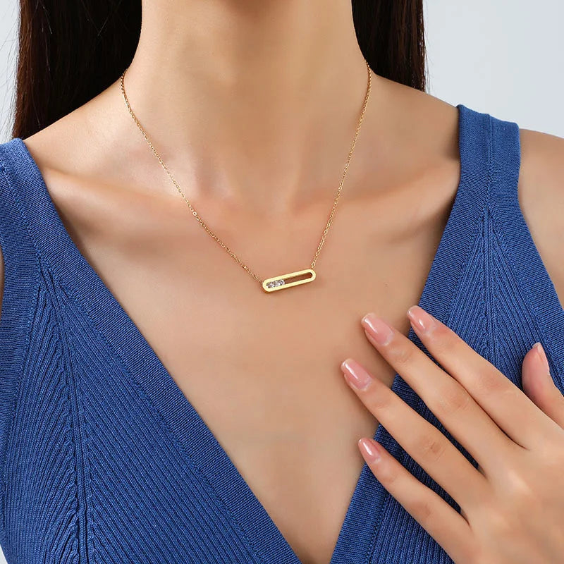 Minimalist Stylish Slide Zircon Geometry Square Pendant Simple Necklace Gold Plated Stainless Steel Women Fashion Jewelry Gift