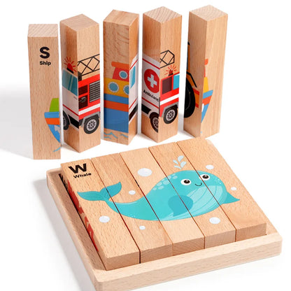 Wooden Stereoscopic Strip Animal Transport Building Blocks, Traffic Dinosaur Puzzle Enlightenment Toy, 4-sided Pattern Puzzle