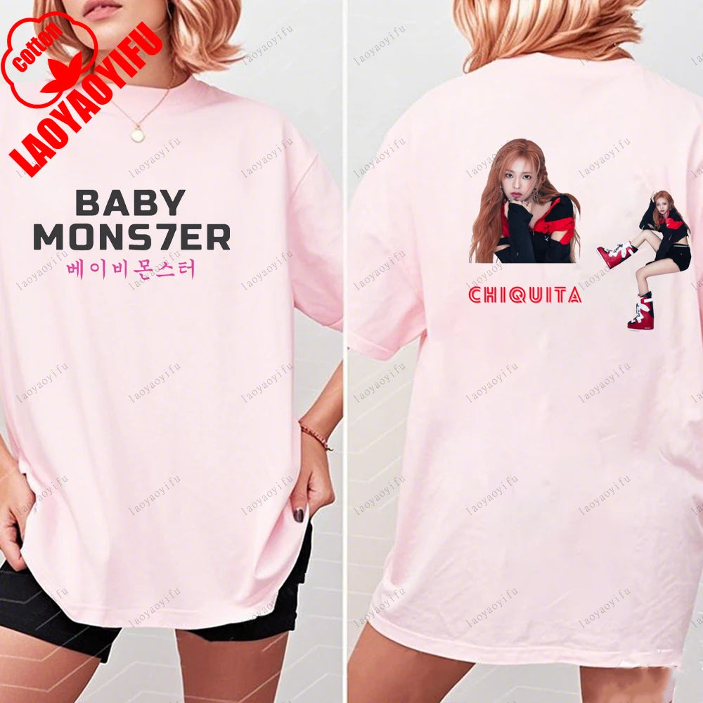 BABYMONSTER Kpop Band T-shirt Korean Fashion Summer Double Sided Tee Short Sleeve Cotton Comfortable Tshirts Women/Men Clothes