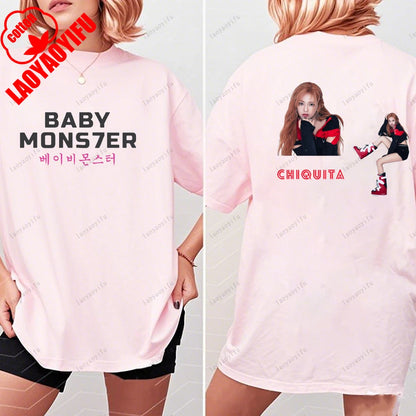BABYMONSTER Kpop Band T-shirt Korean Fashion Summer Double Sided Tee Short Sleeve Cotton Comfortable Tshirts Women/Men Clothes