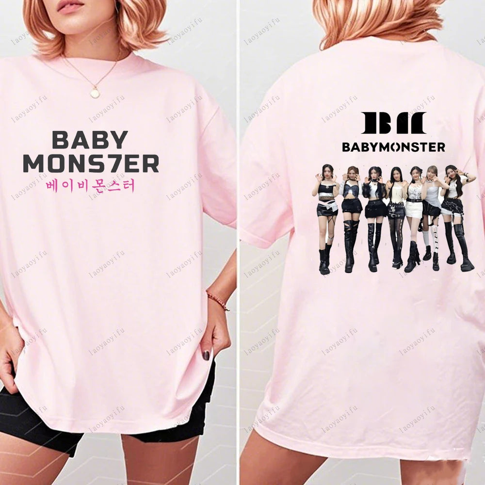 BABYMONSTER Kpop Band T-shirt Korean Fashion Summer Double Sided Tee Short Sleeve Cotton Comfortable Tshirts Women/Men Clothes