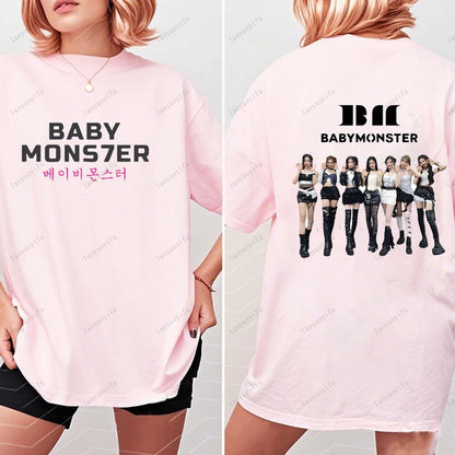 BABYMONSTER Kpop Band T-shirt Korean Fashion Summer Double Sided Tee Short Sleeve Cotton Comfortable Tshirts Women/Men Clothes