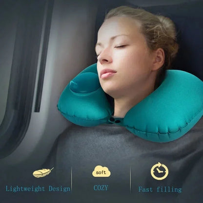 Flannel Press Inflatable U Shaped Pillow Ergonomic Supportive 18s Quick Inflate Foldable Neck Pillow for Travel Nap