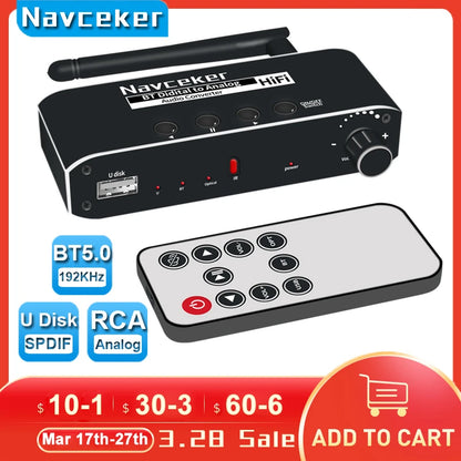 Navceker DAC Digital to Analog Audio Converter With Bluetooth Receiver Optical Toslink USB Disk to RCA 3.5mm Jack Stereo Adapter