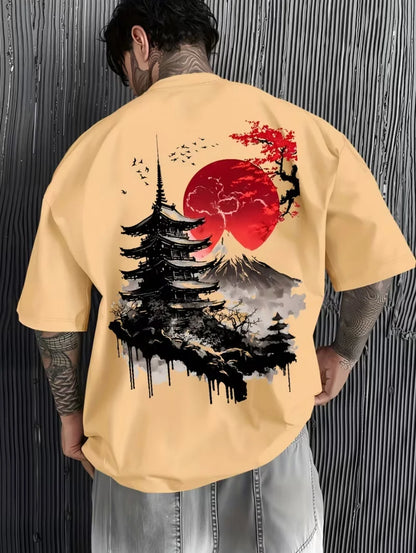 Men's T-Shirts Fuji Mountain Cherry Blossom Print Summer Autumn Harajuku Daily Sports Comfortable Casual Loose Short-Sleeve Top