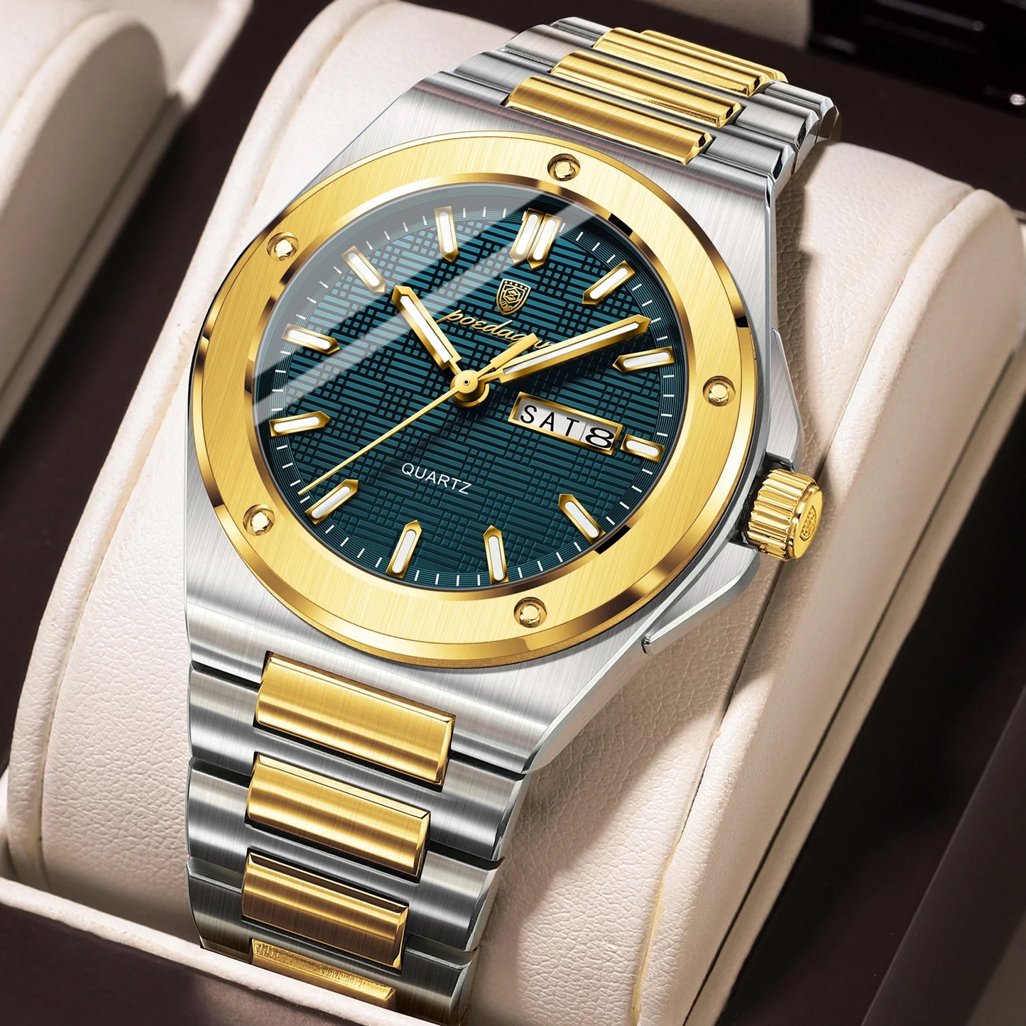 POEDAGAR High Quality Men Clock Date Week Waterproof Fashion Watch For Man Stainless Steel Luxury Men's Quartz Watches Reloj+Box