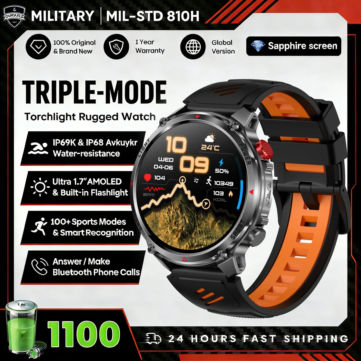 1100mAh Super Capacity Battery Military Outdoor Smart Watch Men 1.7inch Screen Compass Bluetooth Call 3ATM Waterproof SmartWatch