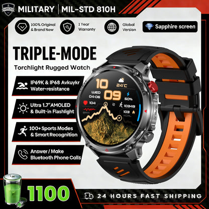 1100mAh Super Capacity Battery Military Outdoor Smart Watch Men 1.7inch Screen Compass Bluetooth Call 3ATM Waterproof SmartWatch