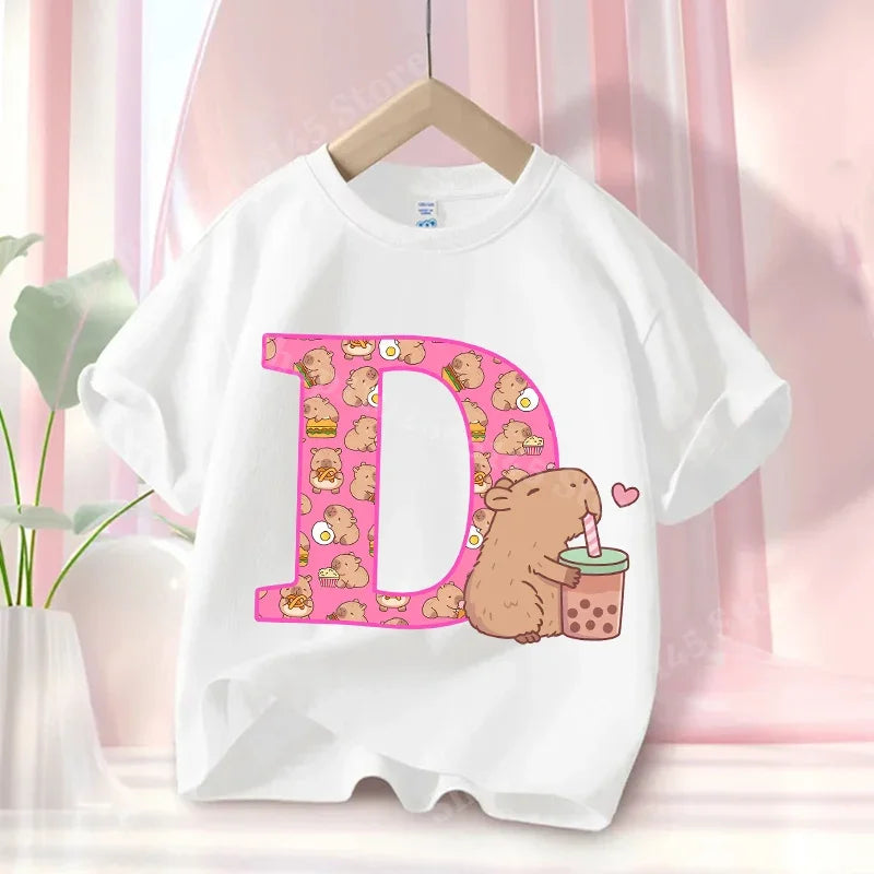 Summer Capibara Anime Letter A-Z Cute Printed Children's T-shirt Girls Short Sleeve Cotton Fashion Tops Kids Clothes Casual Tees