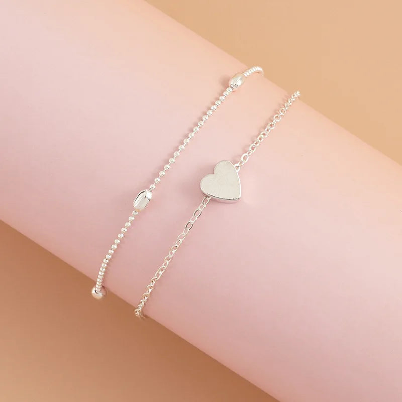 Love Personality Double Simple Bohemian Layered Heart Anklet Summer Beach Anklets On Foot Ankle Bracelets For Women Leg Chain