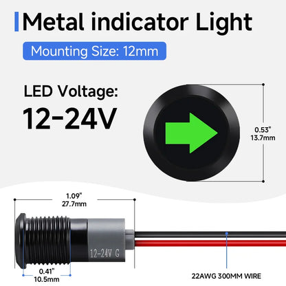 12mm Waterproof LED Indicator Light 12V Single Arrow Car Turn Signal 24V Green LED Metal Dashboard Pilot Lamp with 300mm Wire