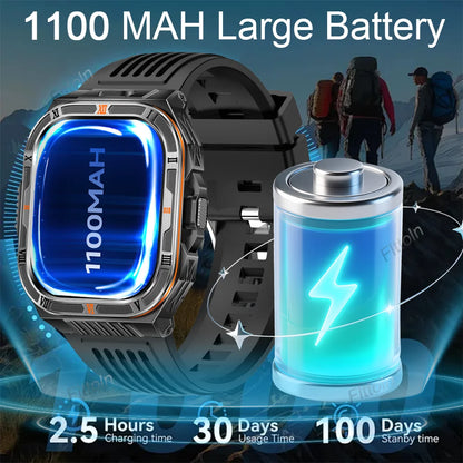 New Smart Watch Men 2.01"HD Screen 3ATM Waterproof Flashlight Health Monitor 1100mAh Battery Sport Bluetooth Call Smartwatch