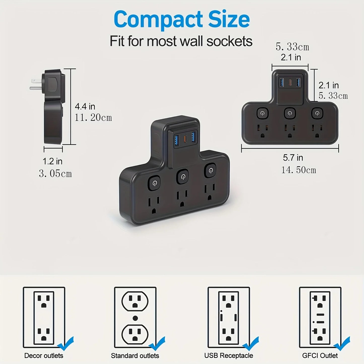 Independent switch socket extender with 3 USB ports and 20W PD fast charging, suitable for home, office, and school
