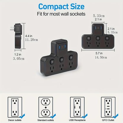 Independent switch socket extender with 3 USB ports and 20W PD fast charging, suitable for home, office, and school