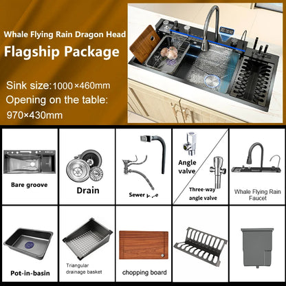 Stainless Steel Kitchen Sink Multifunctional Digital Display Waterfall Large Single Slot With Rack For Knife Wash Dish Basin