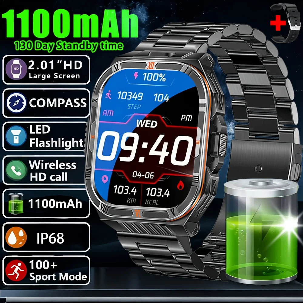 New Smart Watch Men 2.01"HD Screen 3ATM Waterproof Flashlight Health Monitor 1100mAh Battery Sport Bluetooth Call Smartwatch