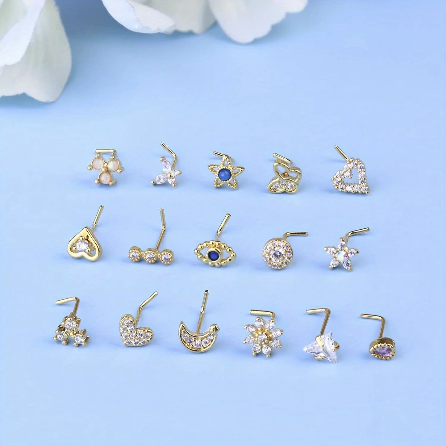 Drperfect 1Pc 22G Nose Studs L Shaped Nose Rings Studs for Women Opal CZ Heart Butterfly Nose Piercing Jewelry
