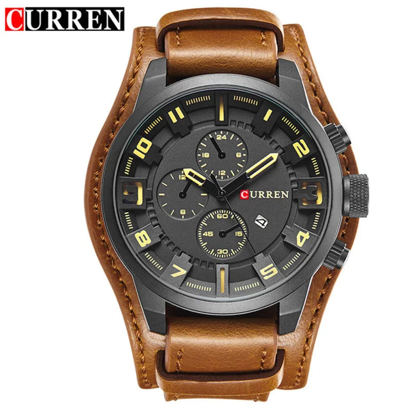 CURREN 8225 Luxury Large Dial Calendar Watch, Water-Resistant Blue Light Dial Quartz Leather Watch