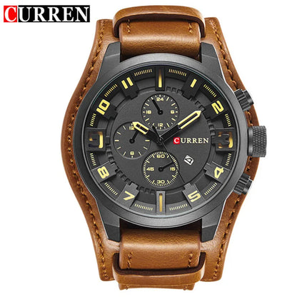 CURREN 8225 Luxury Large Dial Calendar Watch, Water-Resistant Blue Light Dial Quartz Leather Watch